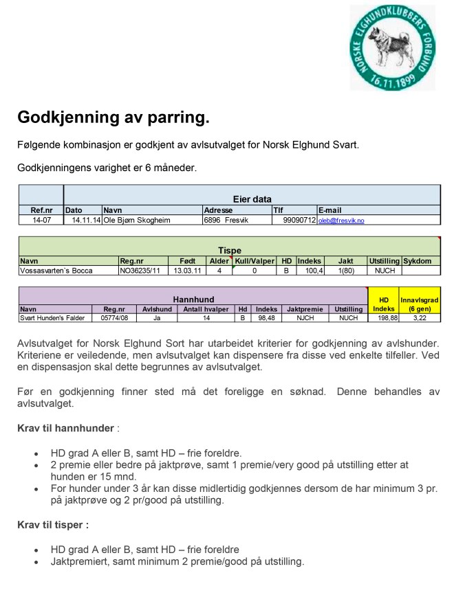 Godkjenning av parring  Vossasvarten's Bozza
